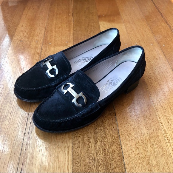 Salvatore Ferragamo Shoes - Salvatore Ferragamo black suede loafers with silver Gancini logo